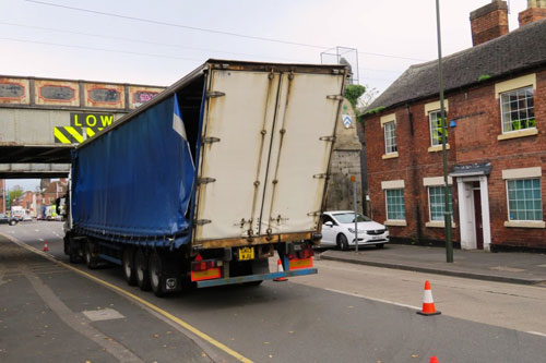 lorry stuck under the railway bridge near Lichfield City Station